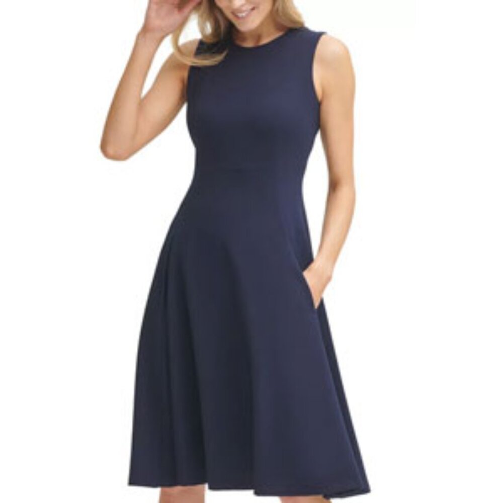 Calvin Klein Women's Fit and Flare Navy Blue Midi Dress